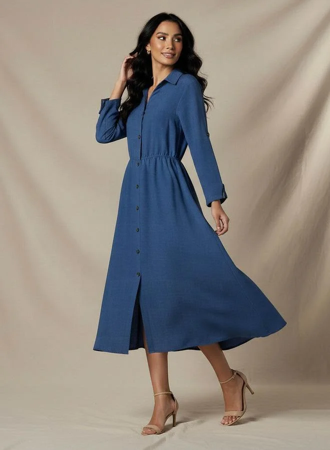 Splash FAV Midi Linen Shirt Dress with 3/4 Sleeves